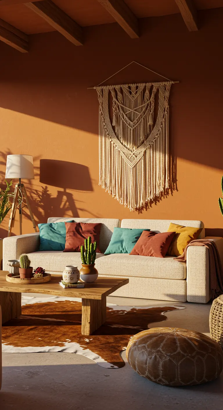 Boho living room with a terracotta accent wall, macramé hanging, and a cowhide rug.
