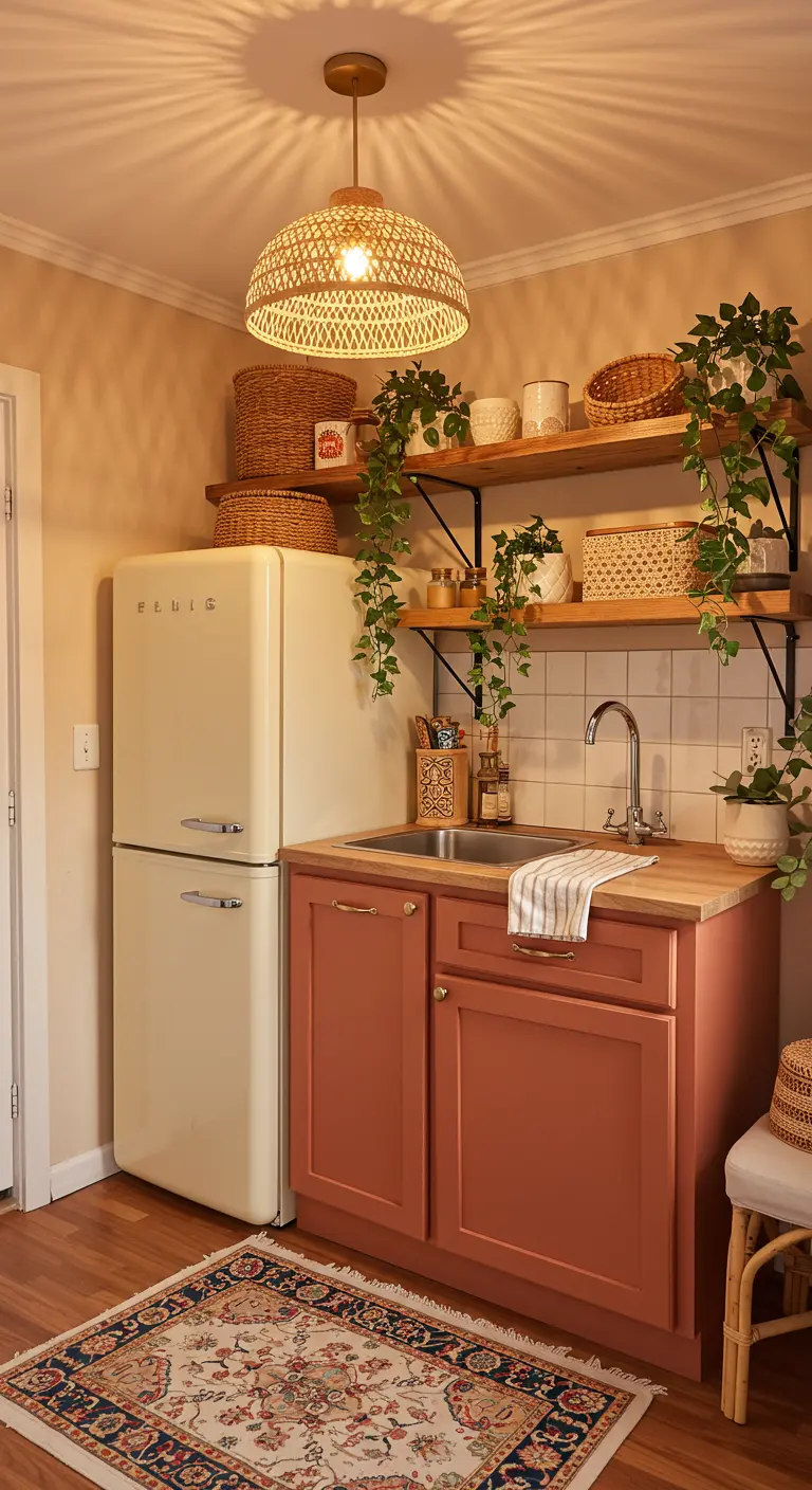 A cozy kitchen with a retro cream fridge, a large woven pendant light, and trailing plants.