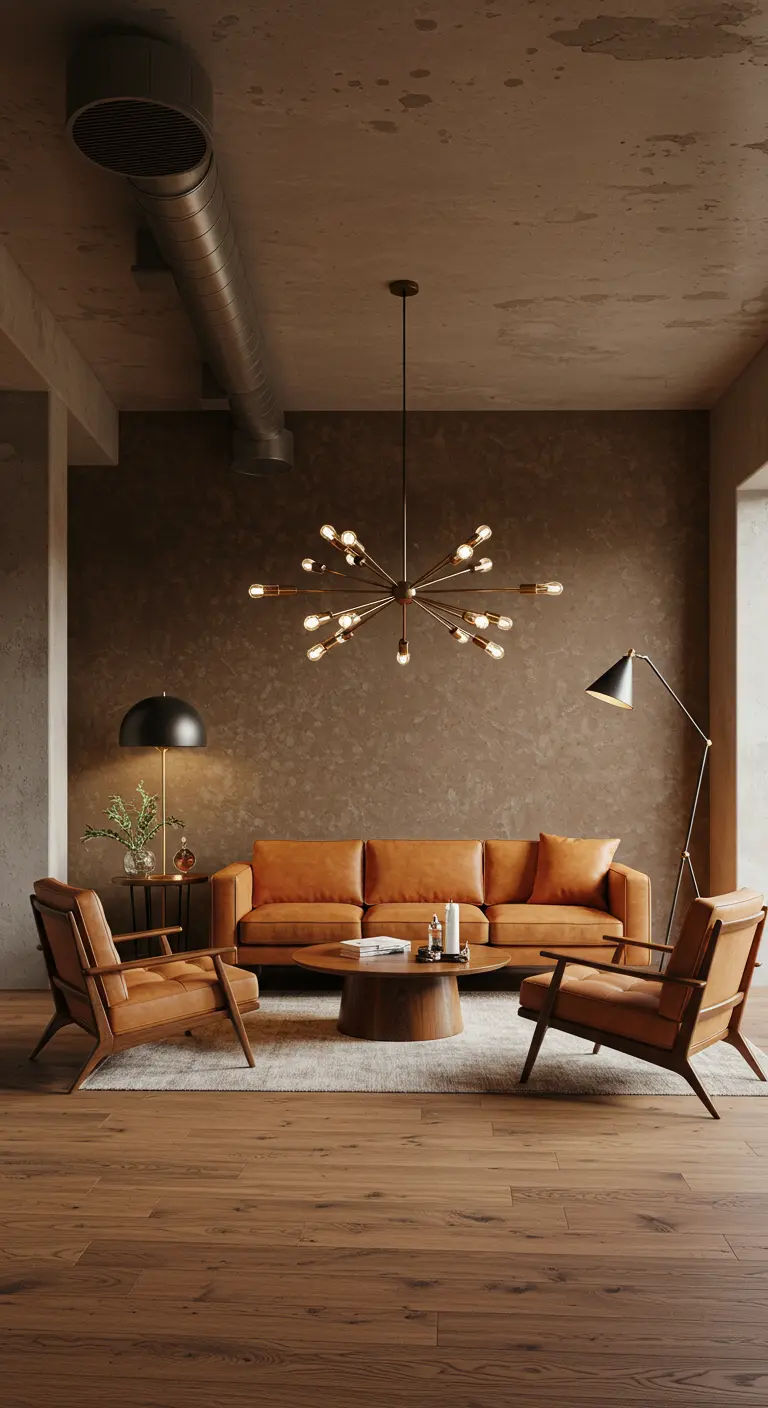 Mid-century modern loft with cognac leather sofa and a large brass sputnik chandelier.