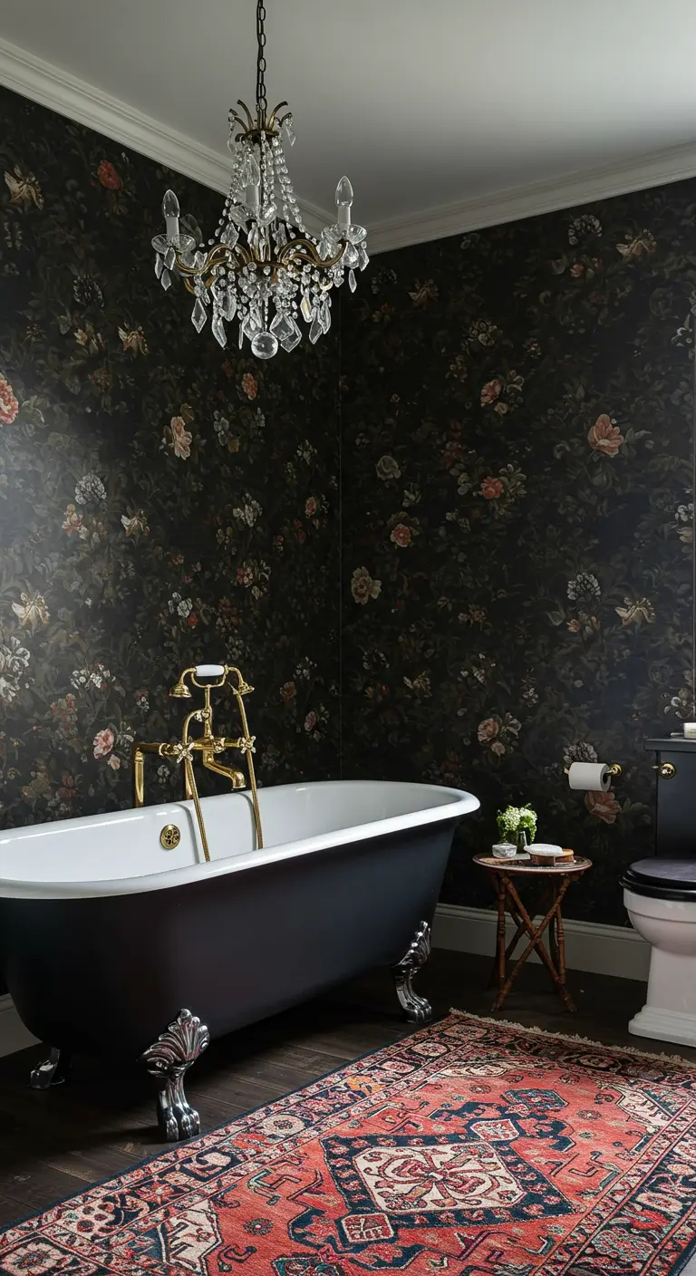 Dark bathroom with floral wallpaper, a black clawfoot tub, and a crystal chandelier.