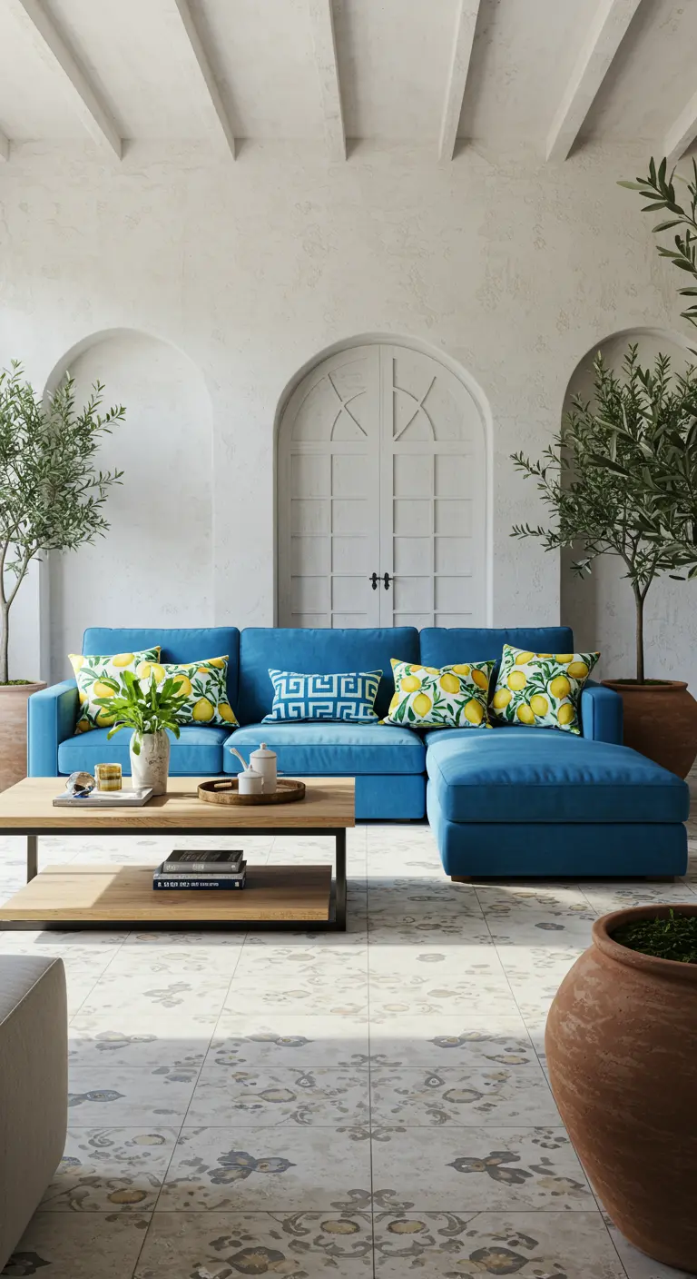 Blue sectional with bright yellow lemon-print pillows in a white, airy room.