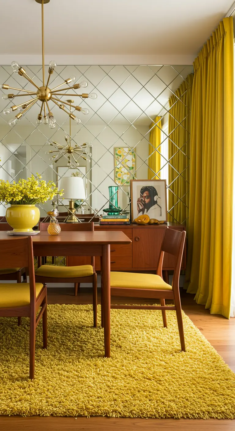 Mid-century modern dining room with yellow accents and a diamond-patterned mirror wall.