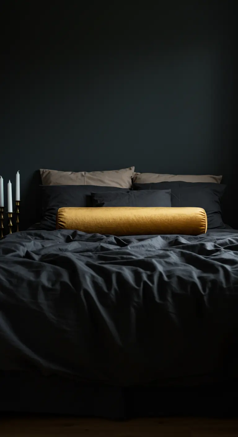 A dark bed with charcoal linens is accented by a single, vibrant mustard velvet bolster pillow.
