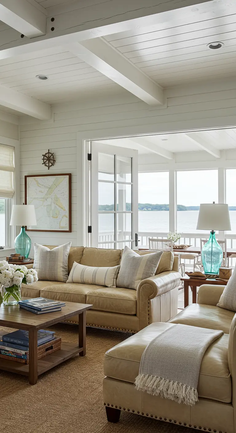 Coastal farmhouse living room with a tan leather sofa and large aqua-colored glass lamps.