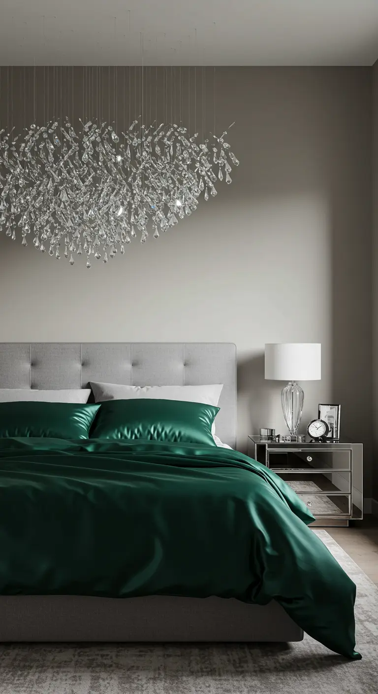 Minimalist bedroom with a grey bed, emerald green silk bedding, and an abstract crystal chandelier.