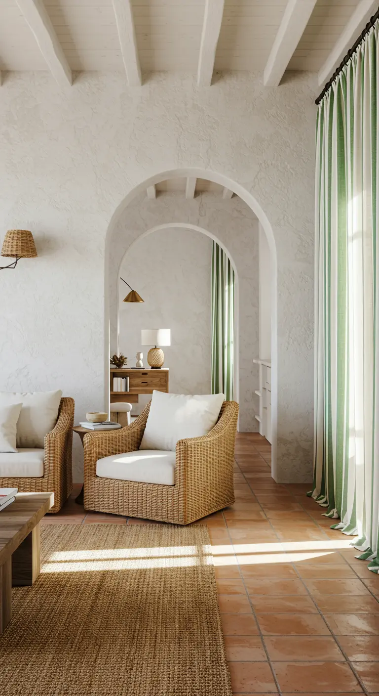 Living room with white plaster walls, arched doorways, and bold green-and-white striped curtains.