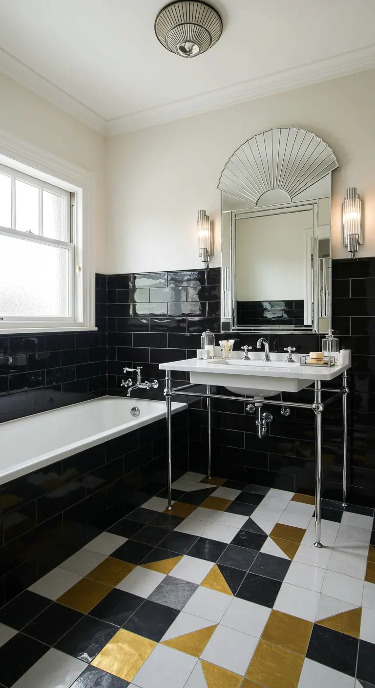 Art Deco bathroom with black, white, and gold geometric floor tiles and a fanned mirror.