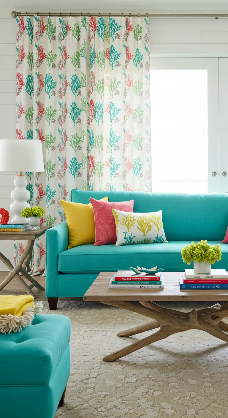 Bright living room with a turquoise sofa and colorful coral-print curtains.
