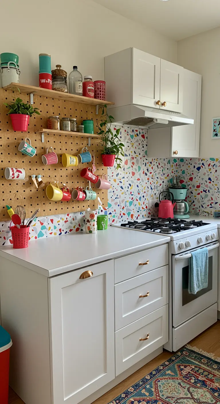 A kitchen with a colorful terrazzo backsplash, white cabinets, and a pegboard for hanging mugs.