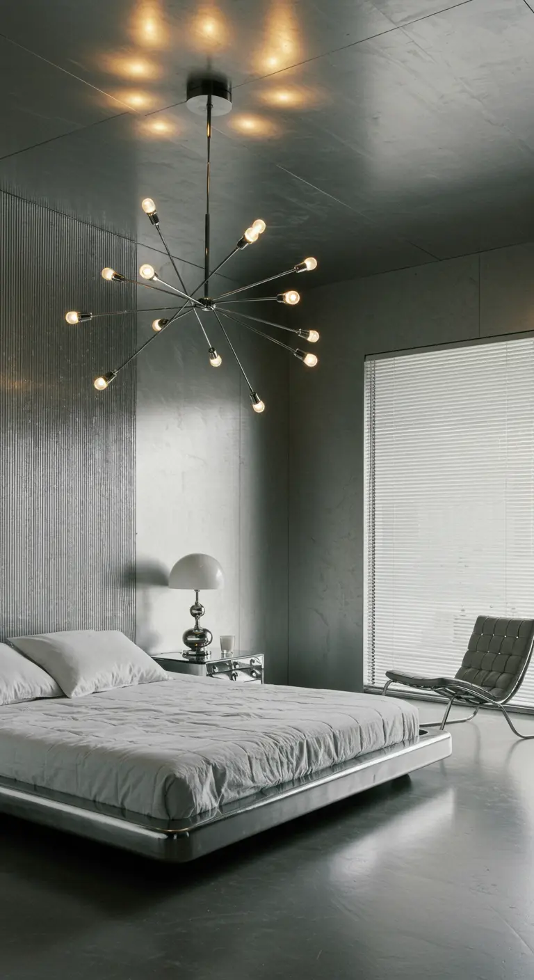 Industrial gray bedroom with a large chrome sputnik chandelier and a low metal bed.