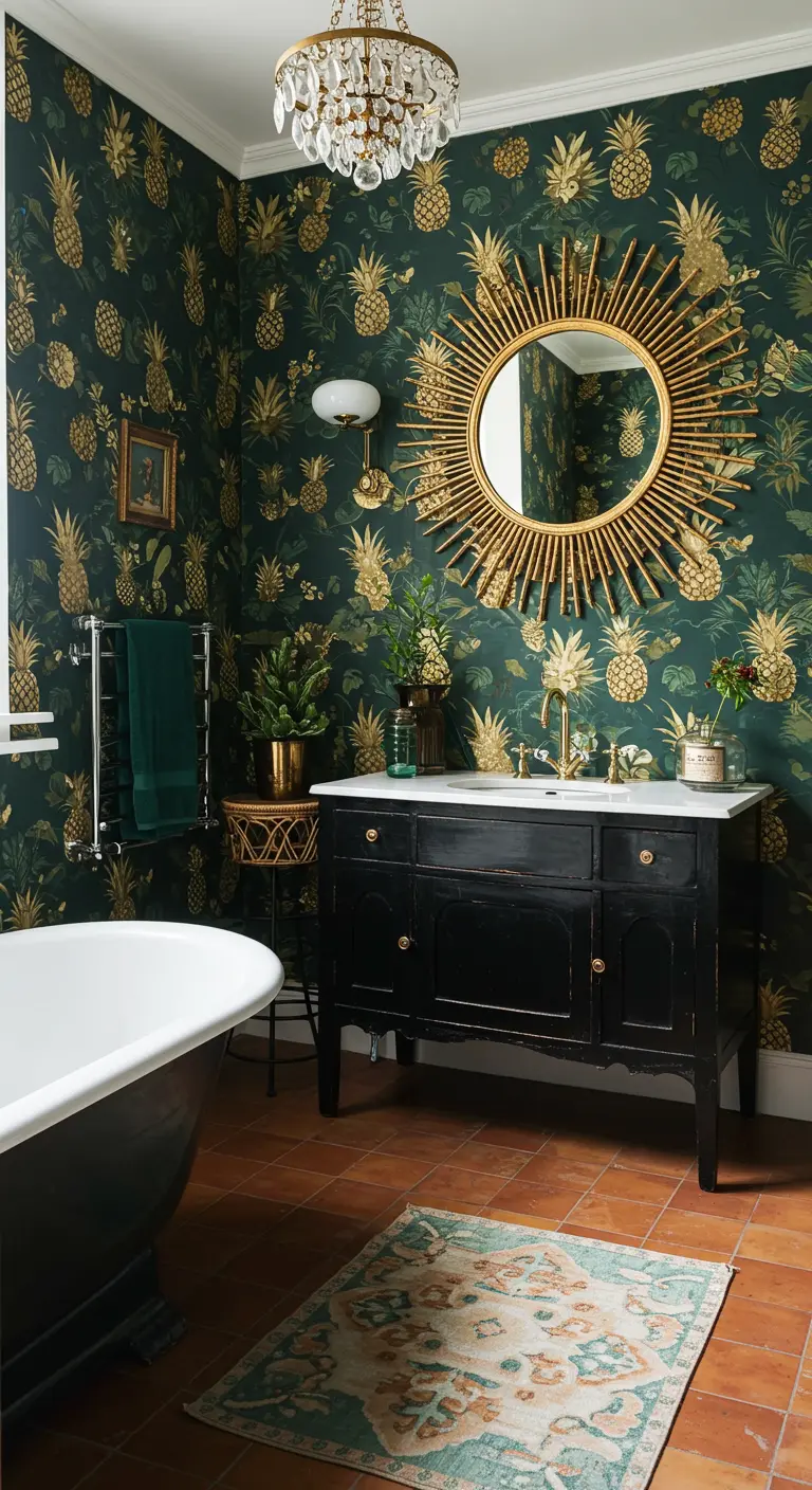 Glamorous bathroom with dark pineapple wallpaper, a gold sunburst mirror, and a black vanity.