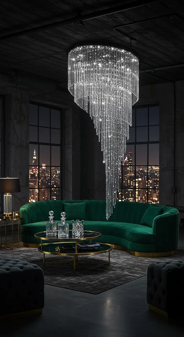 Glamorous loft with an emerald green velvet sofa and a massive crystal waterfall chandelier.