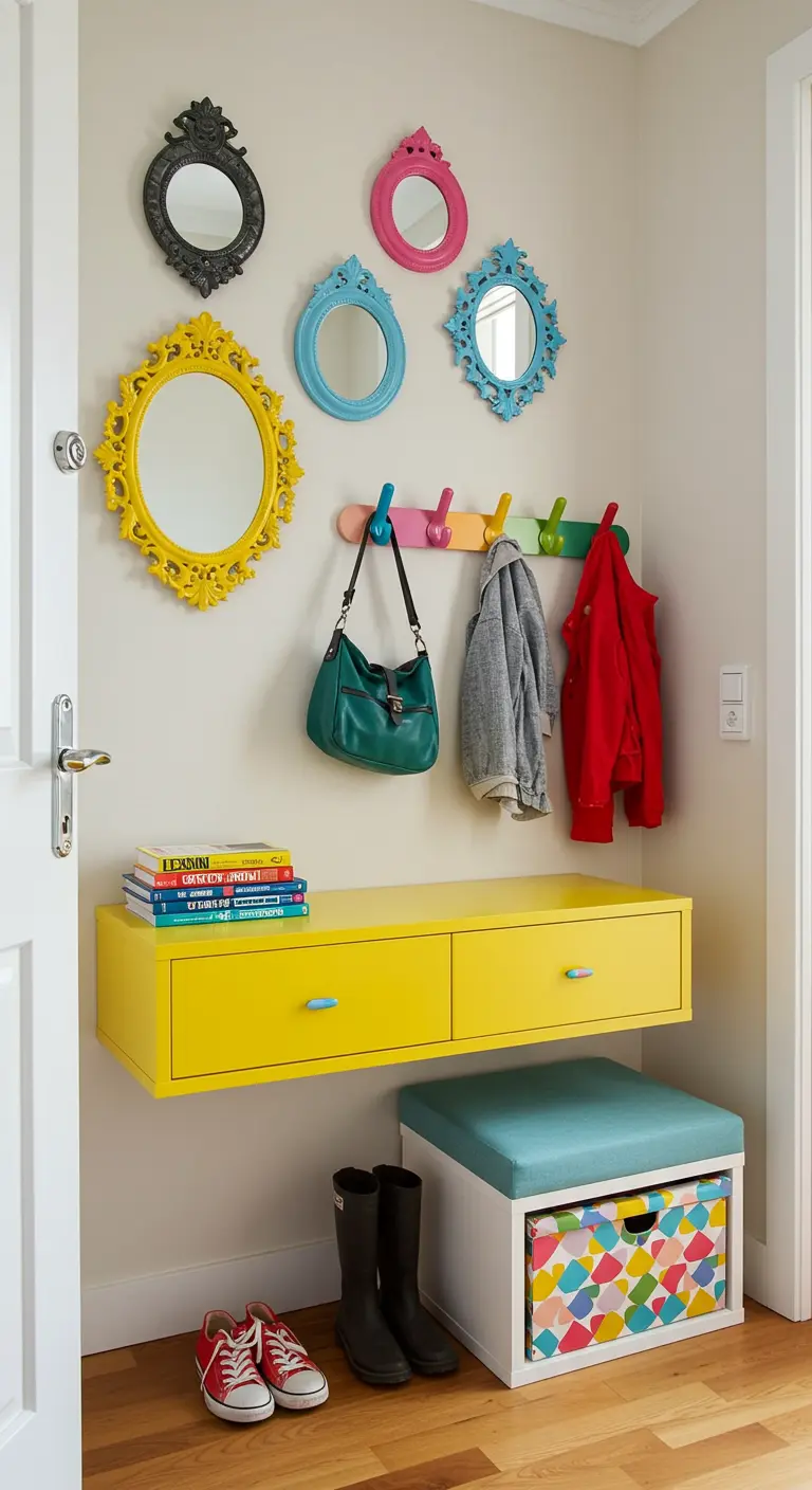 Bright yellow floating console with colorful coat hooks and mirrors on the wall above.