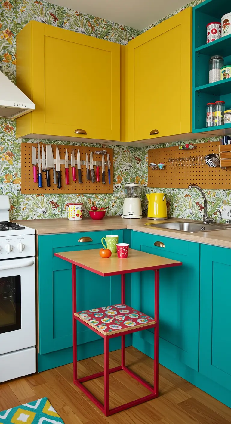 Colorful kitchen with yellow and teal cabinets and a red-framed fold-down table and chair.