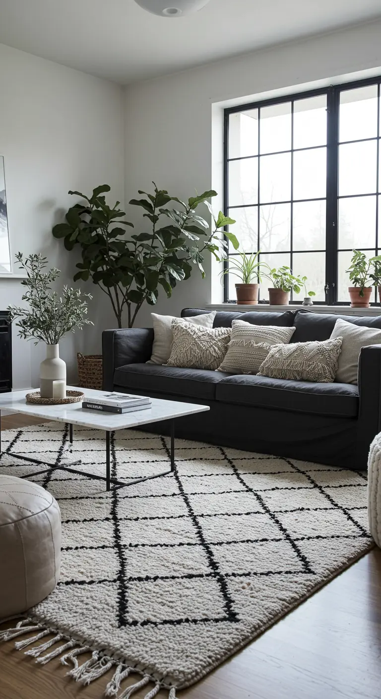 Living room with a charcoal sofa, patterned rug, many plants, and a white marble coffee table.