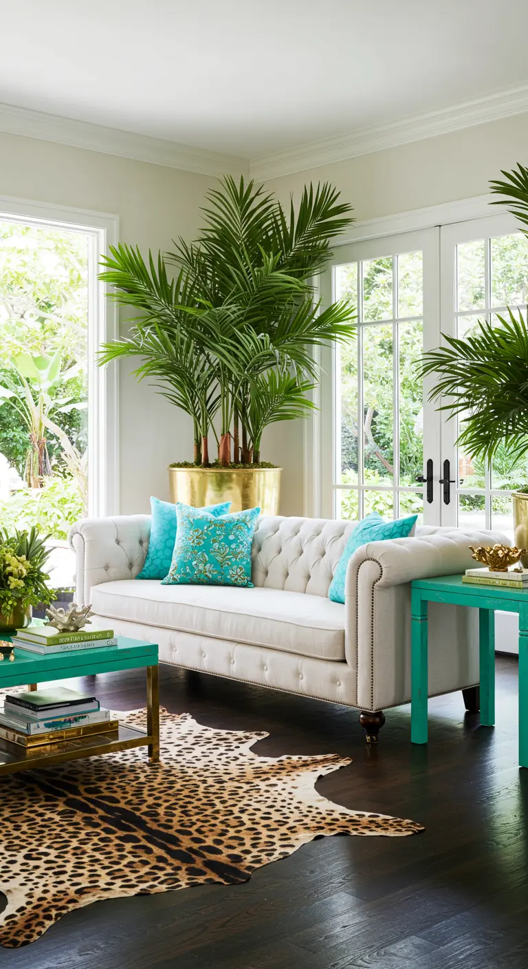 White tufted sofa styled with turquoise pillows, a cheetah rug, and large palm plants.
