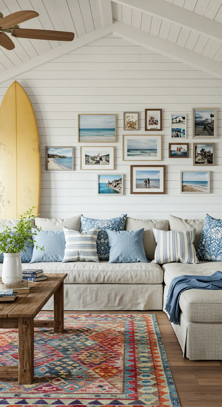 Living room with a colorful patterned rug, a gallery wall, and a surfboard leaning against the wall.