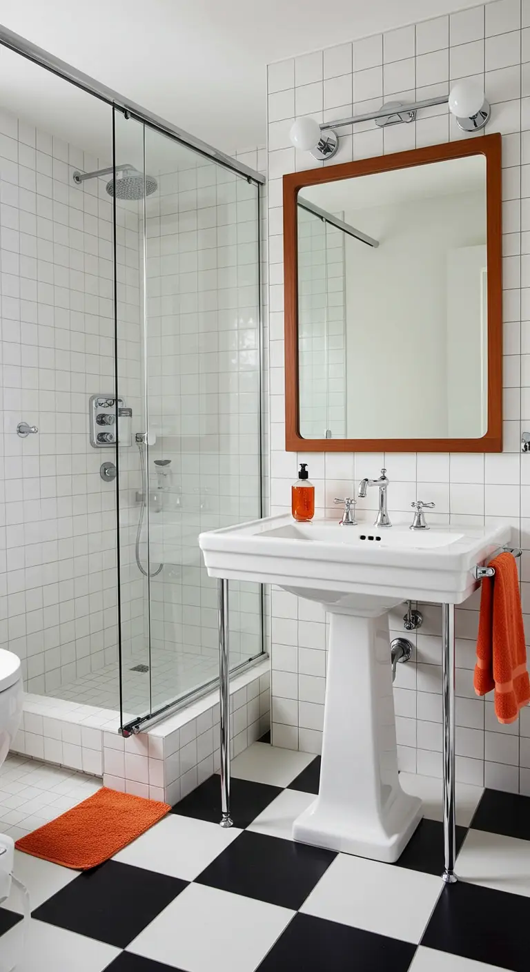 Black-and-white bathroom with bright orange towels and a bath mat for a pop of color.