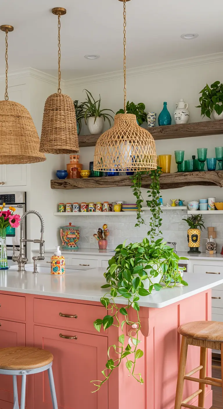 A bright kitchen featuring a coral island, woven pendants, and trailing houseplants.
