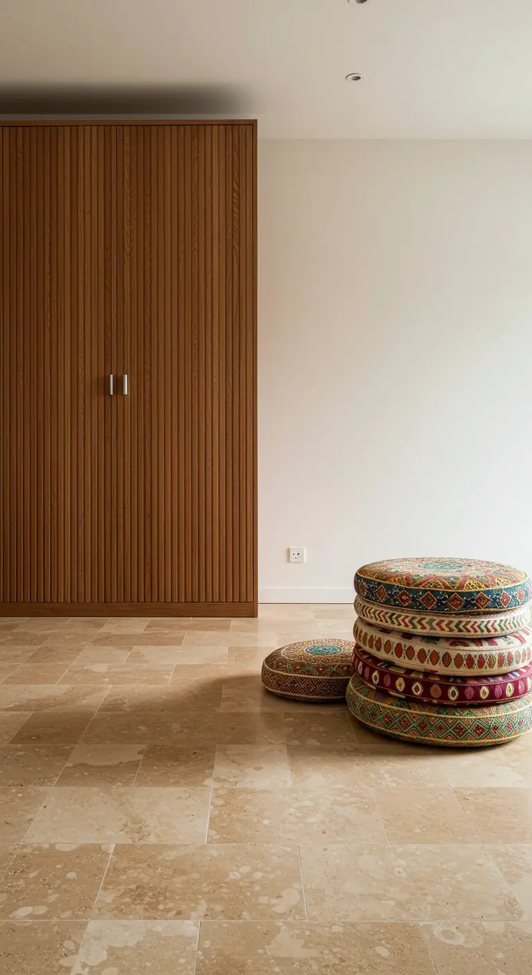 A stack of colorful embroidered floor cushions next to a slatted wood wardrobe.