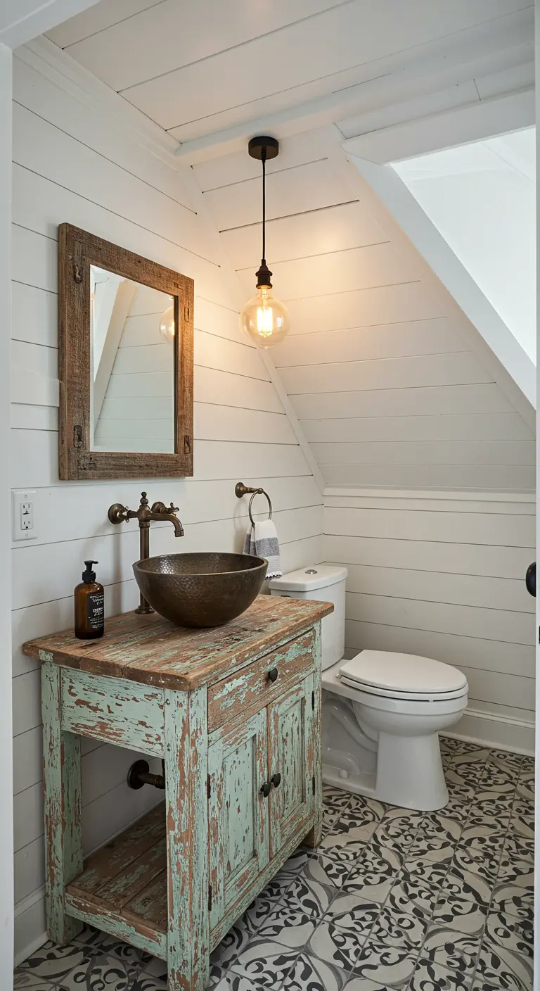 Small bathroom with a distressed mint green vanity and patterned floor tile.