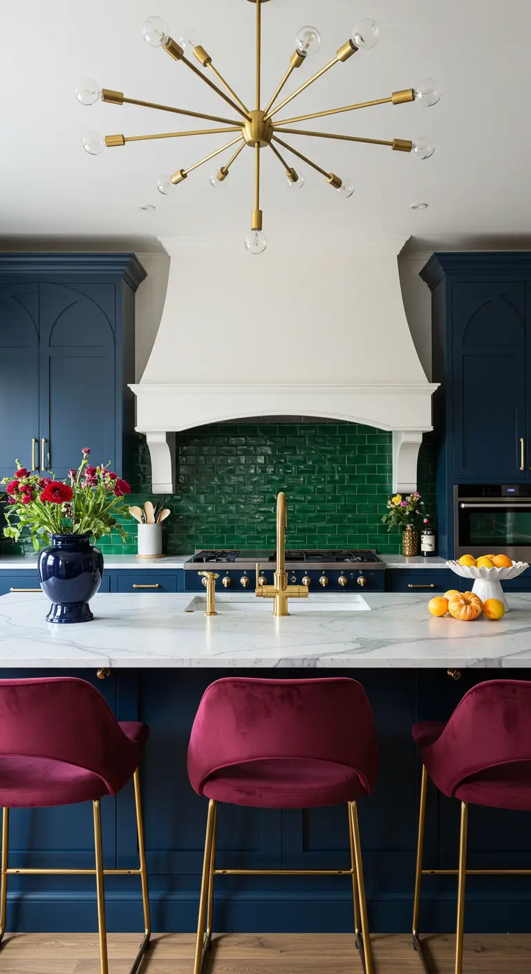 Kitchen with navy arched cabinets, a green tile backsplash, and magenta velvet stools.