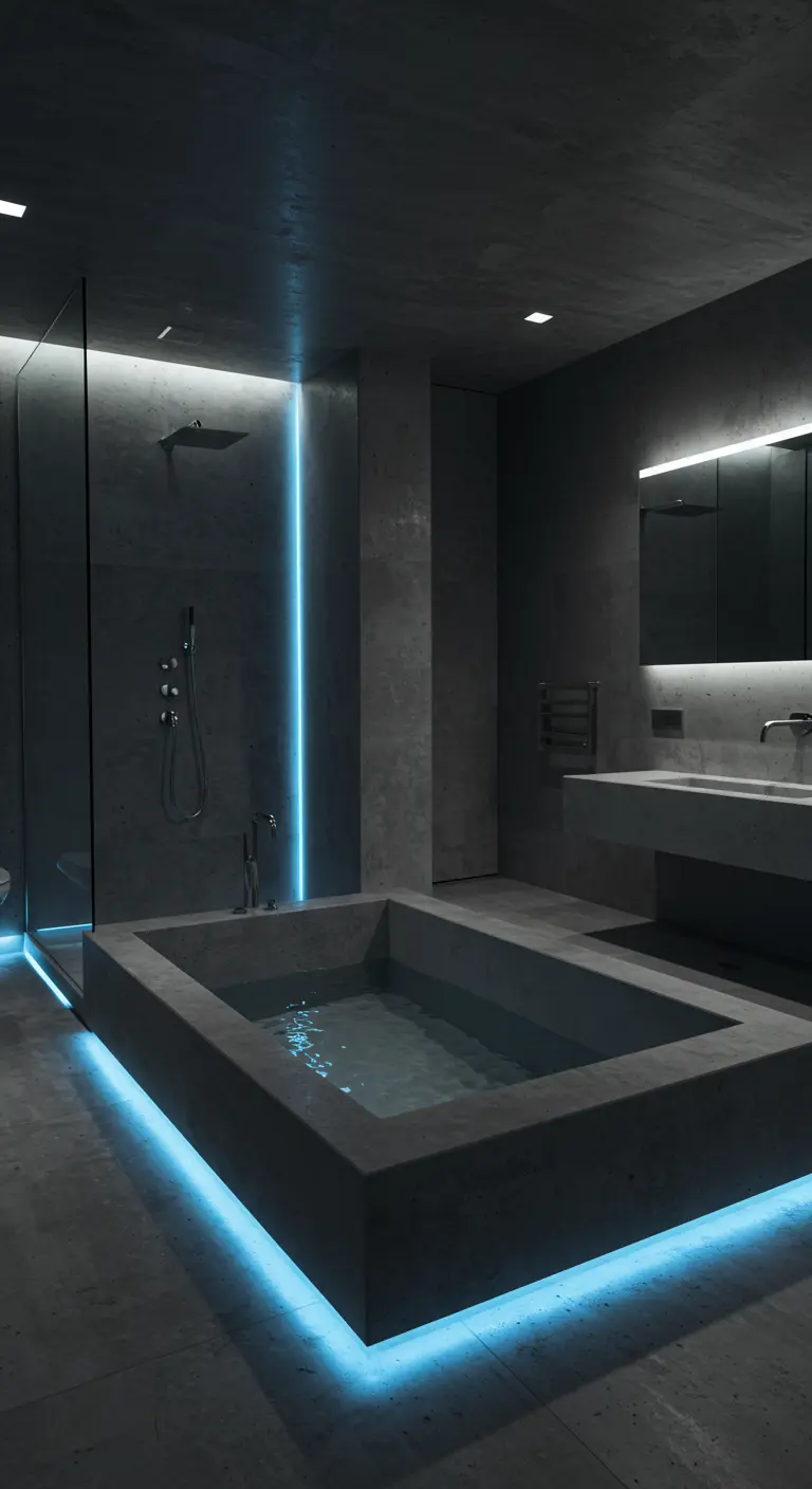 Dark concrete bathroom with a sunken tub and shower illuminated by bright blue LED strips.