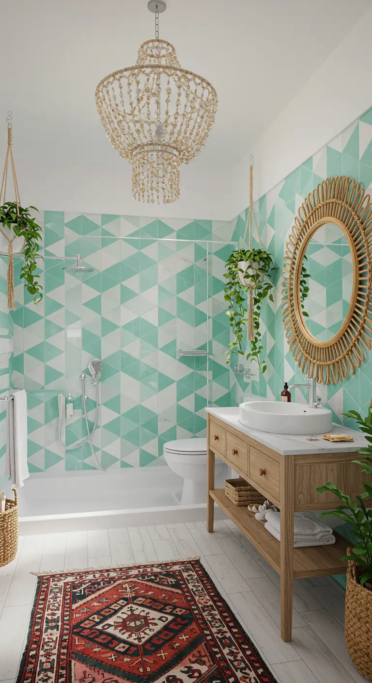 Boho bathroom with geometric tile, kilim rug, and rattan mirror.