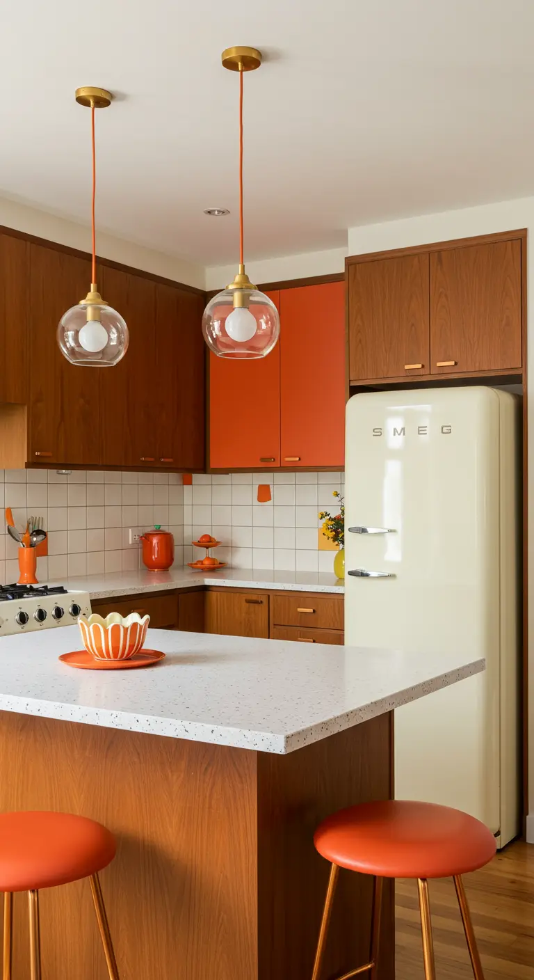 Teak kitchen with orange accent cabinets, orange stools, and a cream retro fridge.