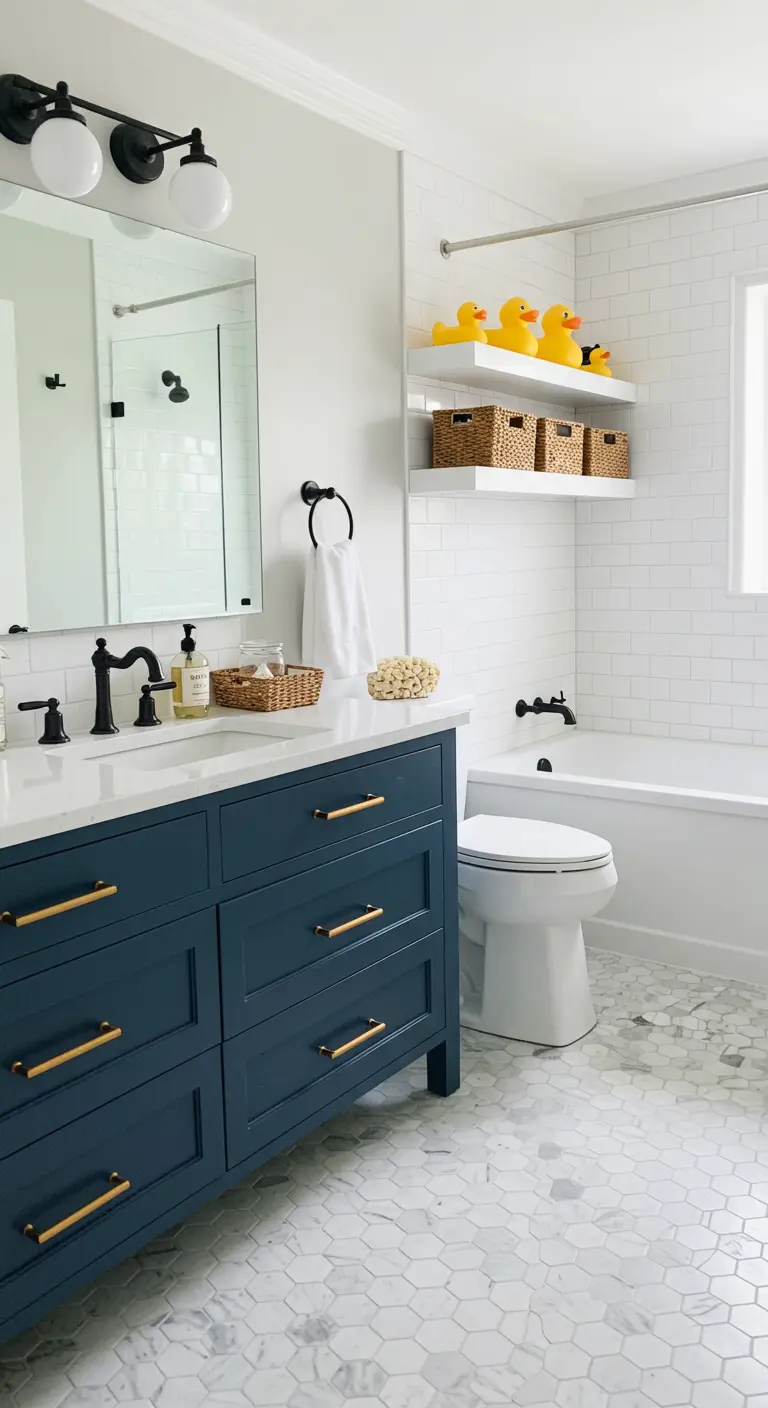 A family bathroom with a deep blue vanity and yellow rubber ducks on floating shelves.