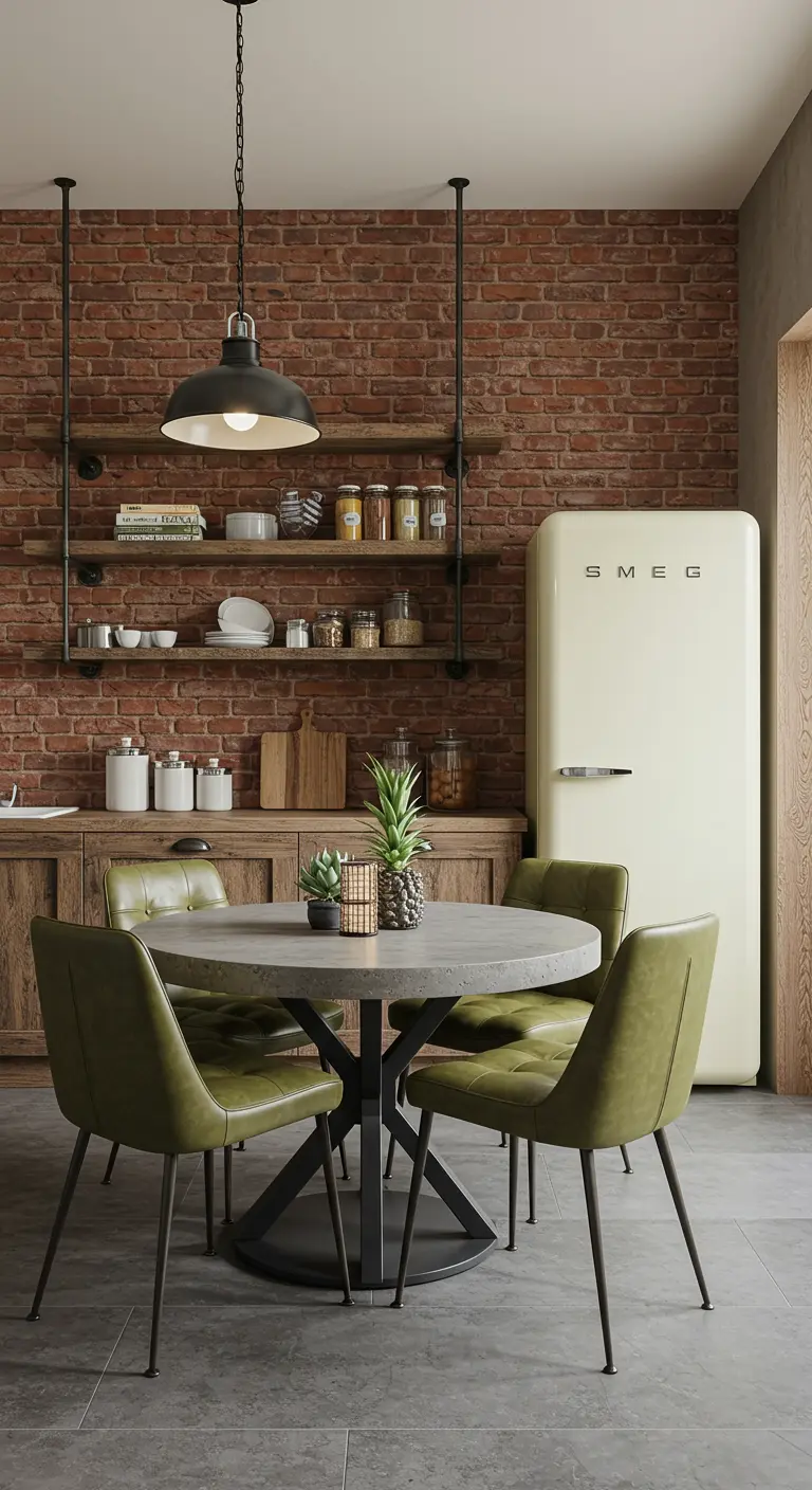 Industrial dining area with a concrete table, green chairs, and a retro fridge.