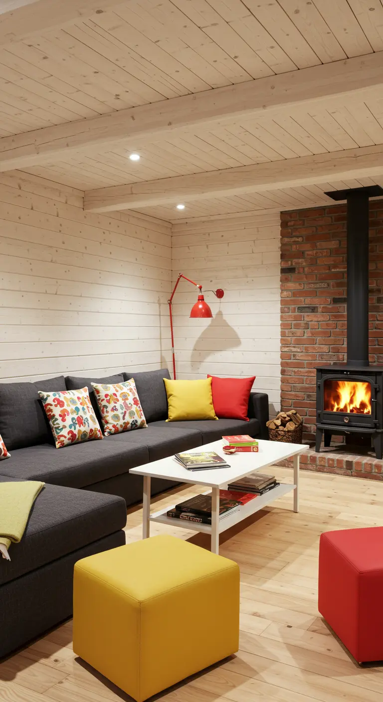 Living room with a dark grey sofa, light wood walls, and bright yellow and red accents.