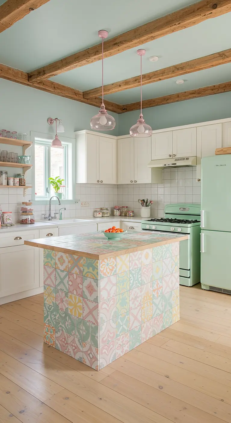 A cheerful kitchen with a pastel patchwork tile island, mint green appliances, and pink pendants.
