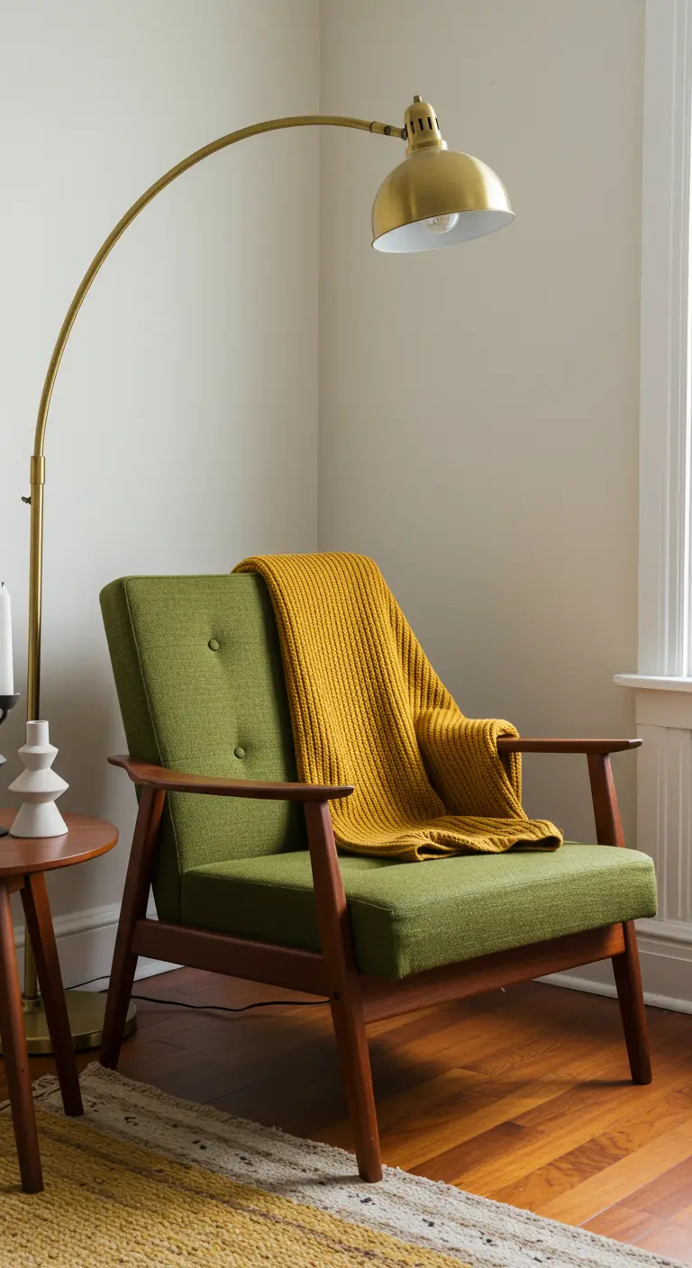 Green mid-century armchair with a mustard yellow throw and a brass arc floor lamp.