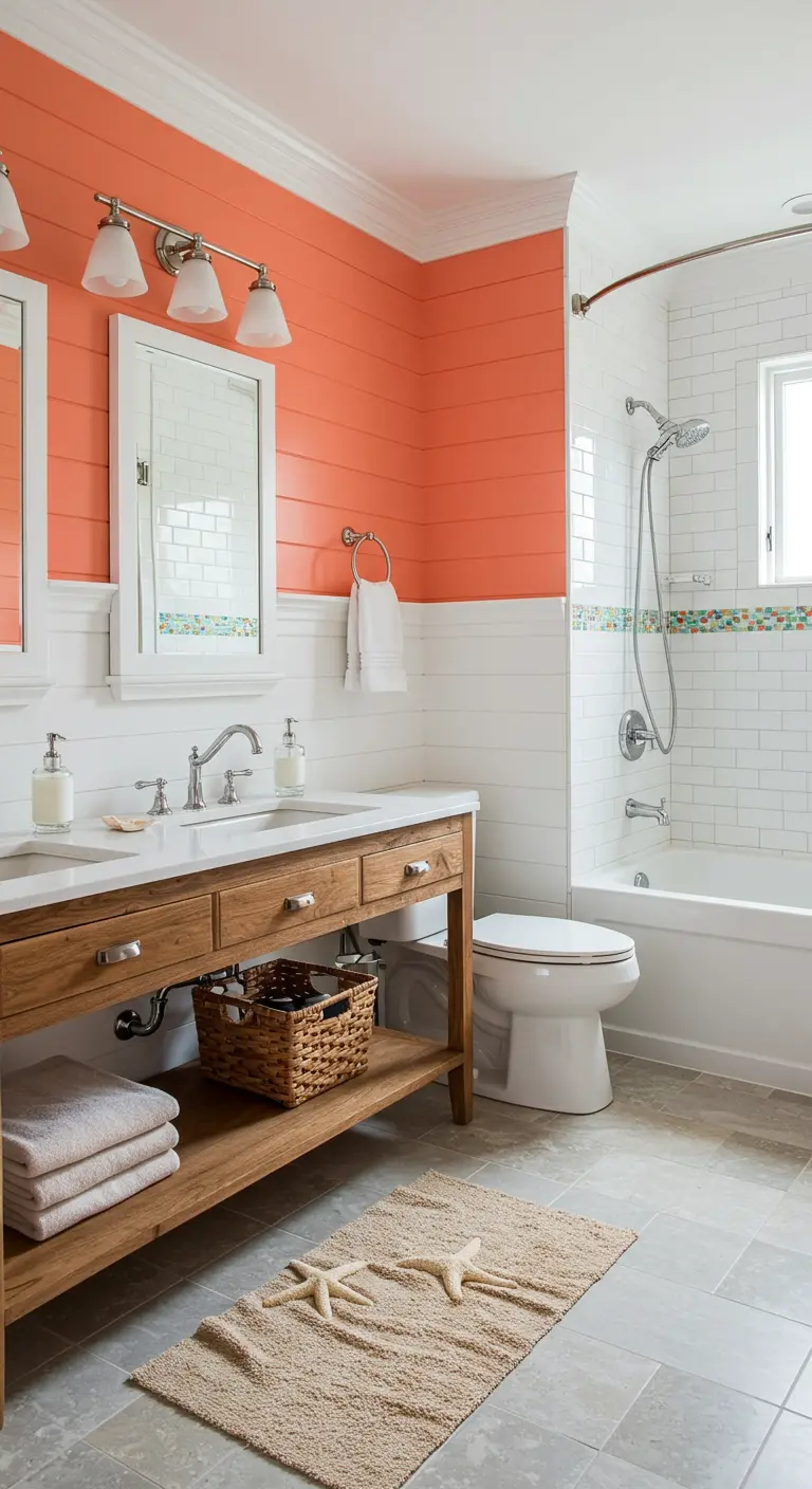 Bathroom with a coral shiplap accent wall and white subway tile.