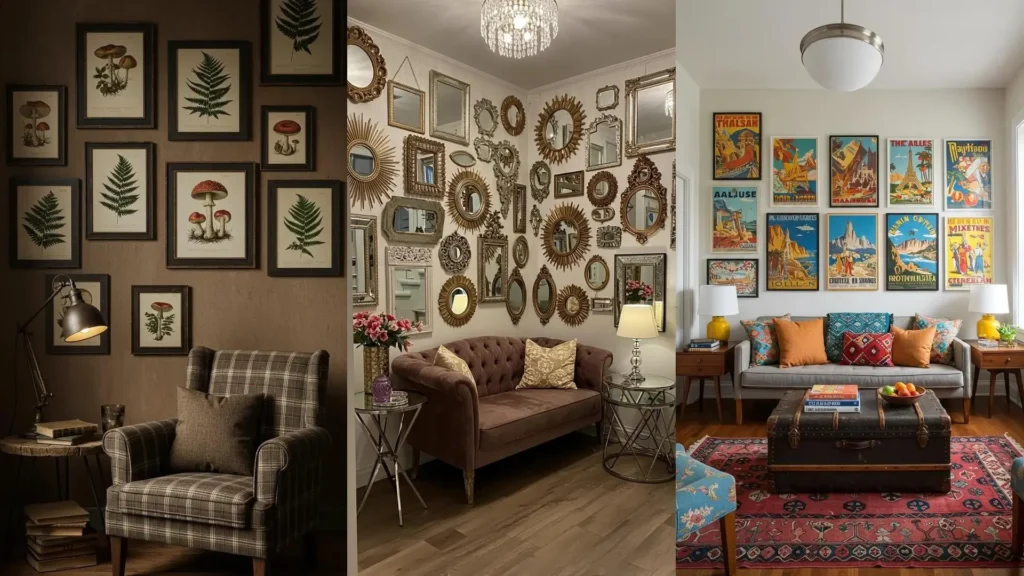 Diverse gallery wall layouts: botanical prints, mirrors, and travel posters adding depth to compact living areas.