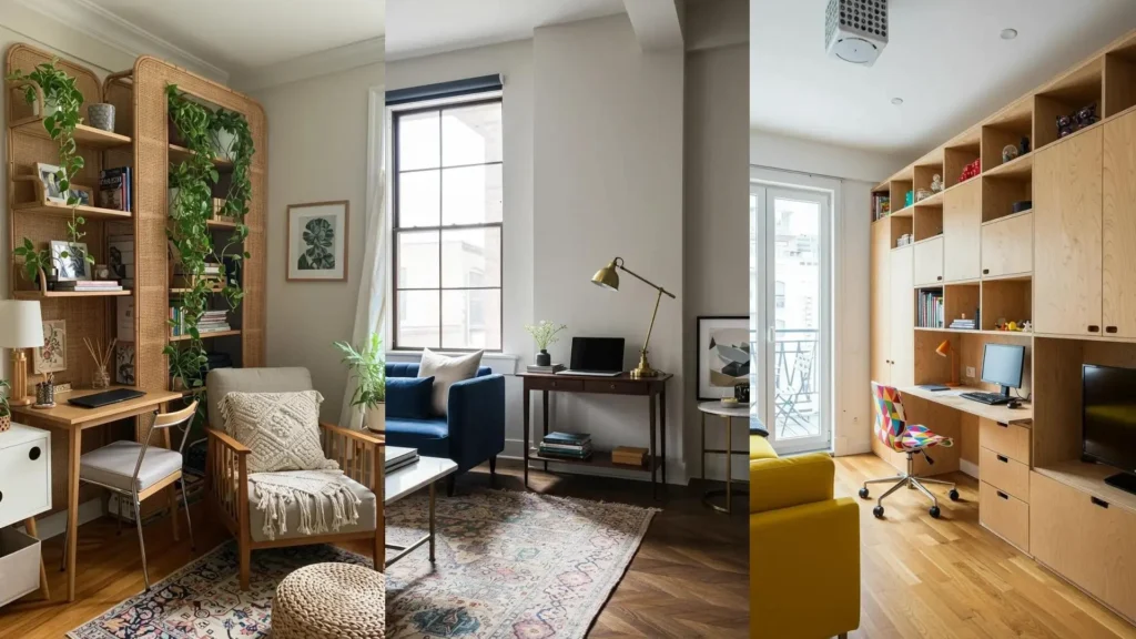 Examples of combined workspaces and living areas in under 500 sq ft apartments, with desks, cozy seating, and storage.
