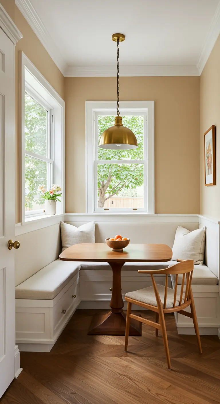 Cozy breakfast nook with a white built-in banquette, a wooden pedestal table, and a brass pendant light.