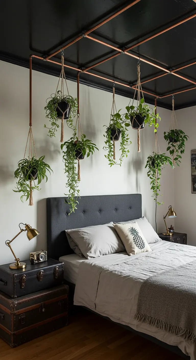 Bedroom with a black ceiling and a copper pipe grid from which multiple plants are hanging.