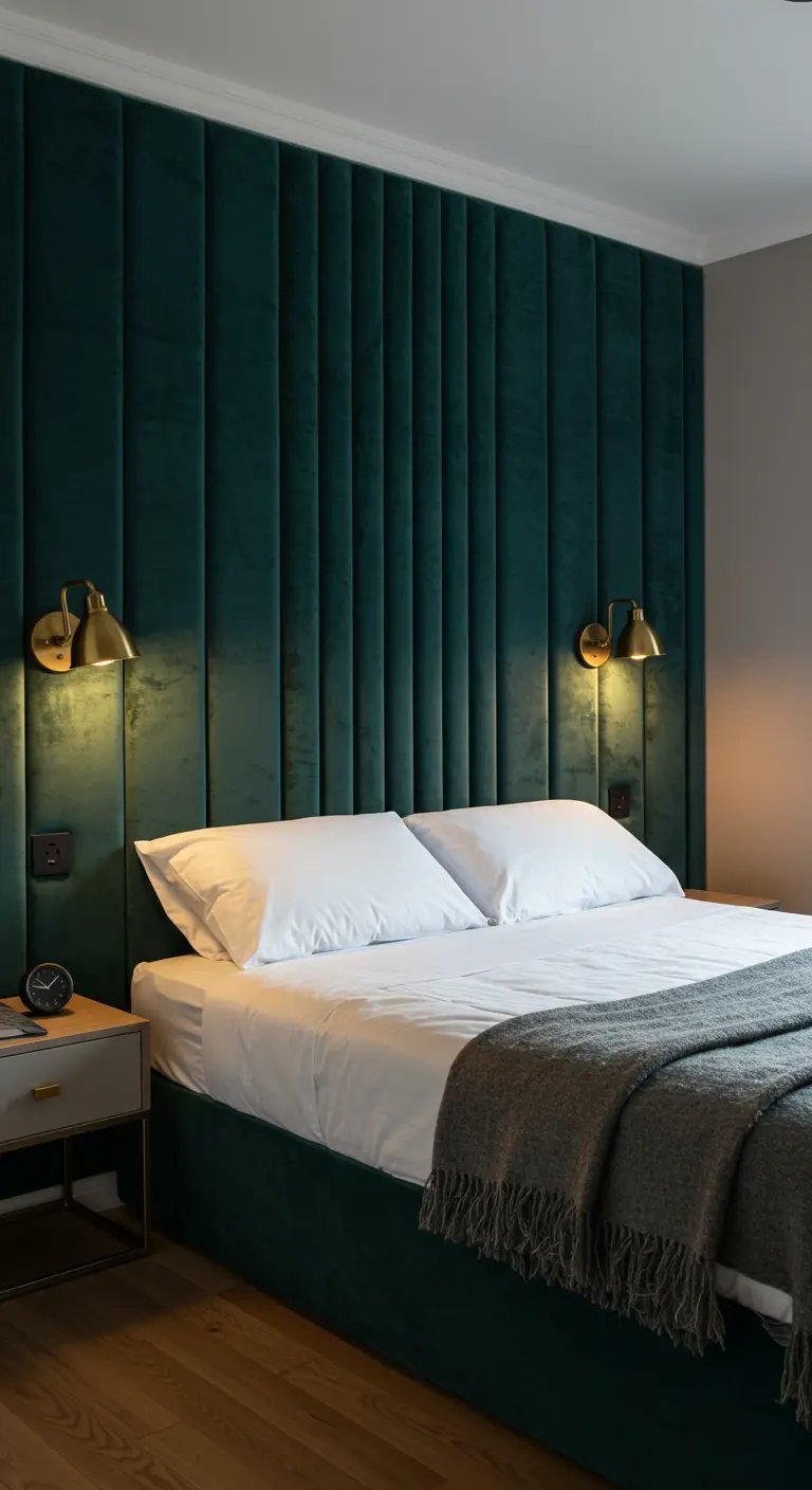 Dark green velvet channel-tufted accent wall behind a bed.