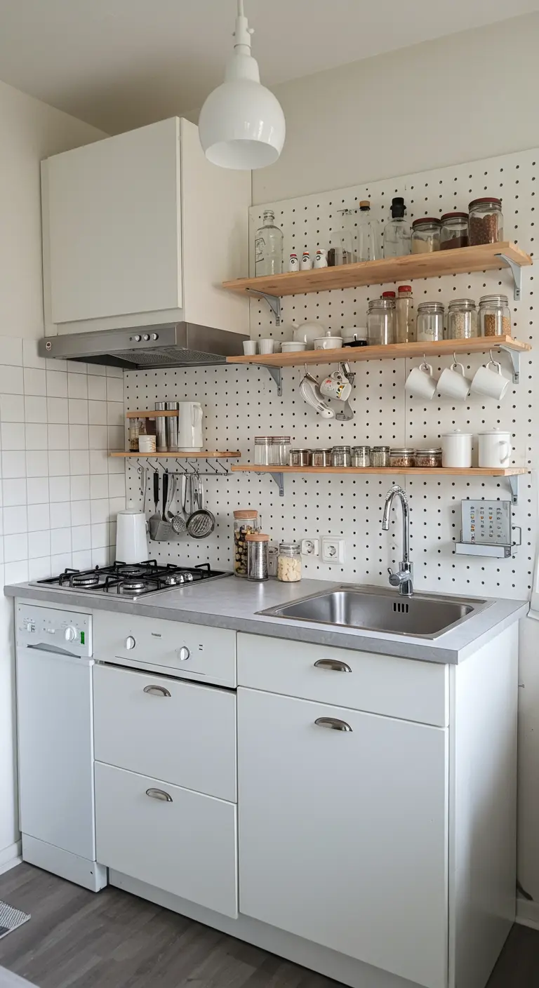 A compact kitchen with a large white pegboard wall used for hanging utensils, mugs, and shelves.