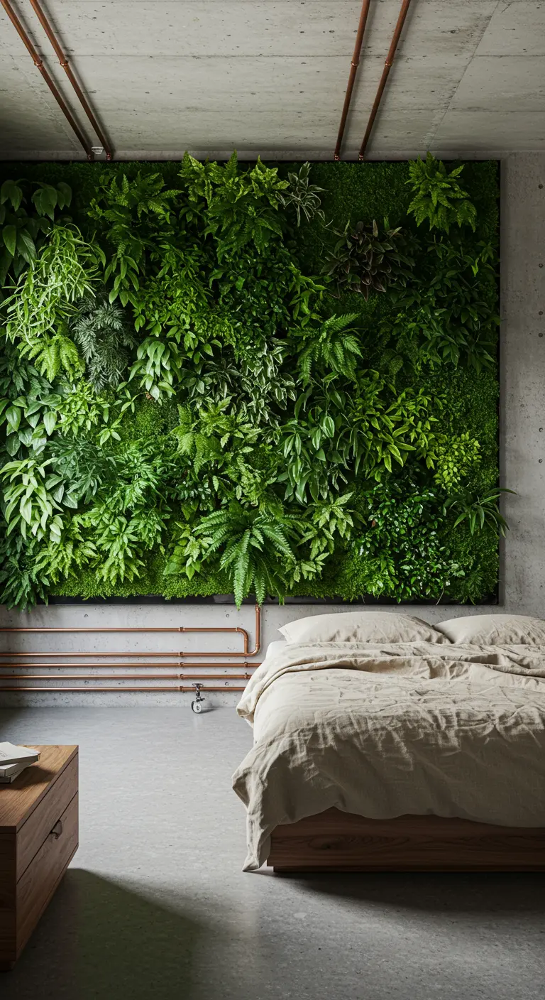 A bedroom with a massive living green wall behind the bed and exposed copper pipes on the ceiling.