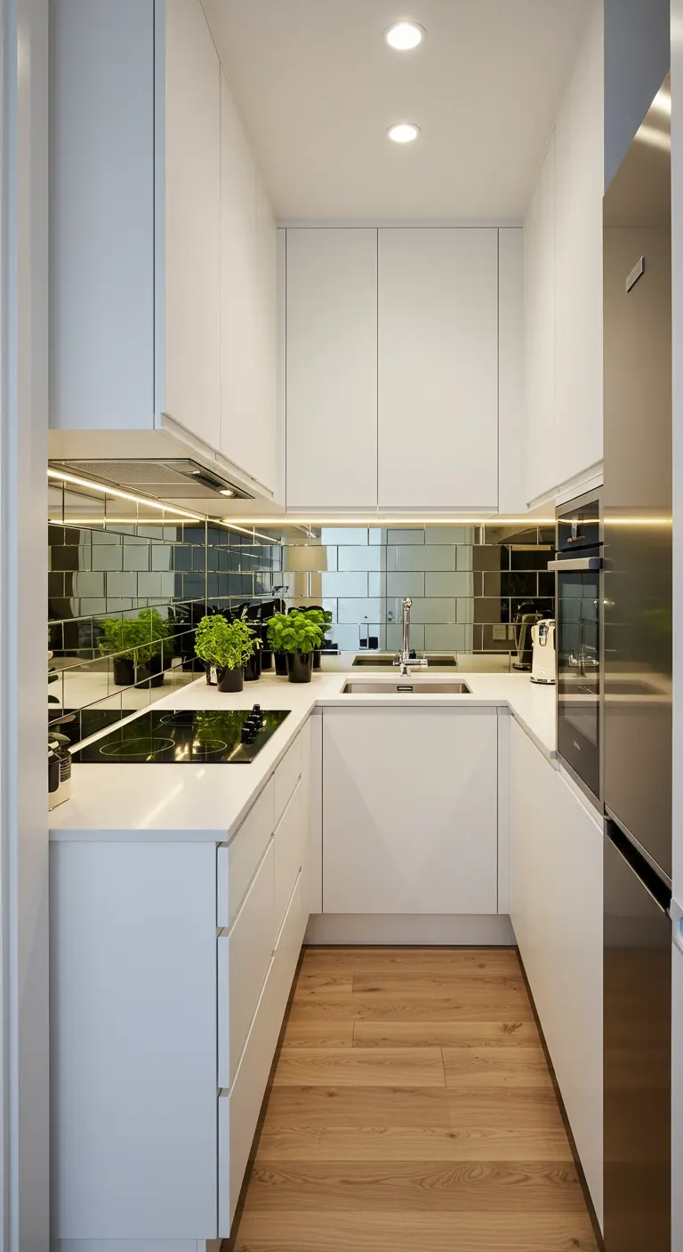 A narrow galley kitchen with a smoked mirror backsplash reflecting the white cabinets.