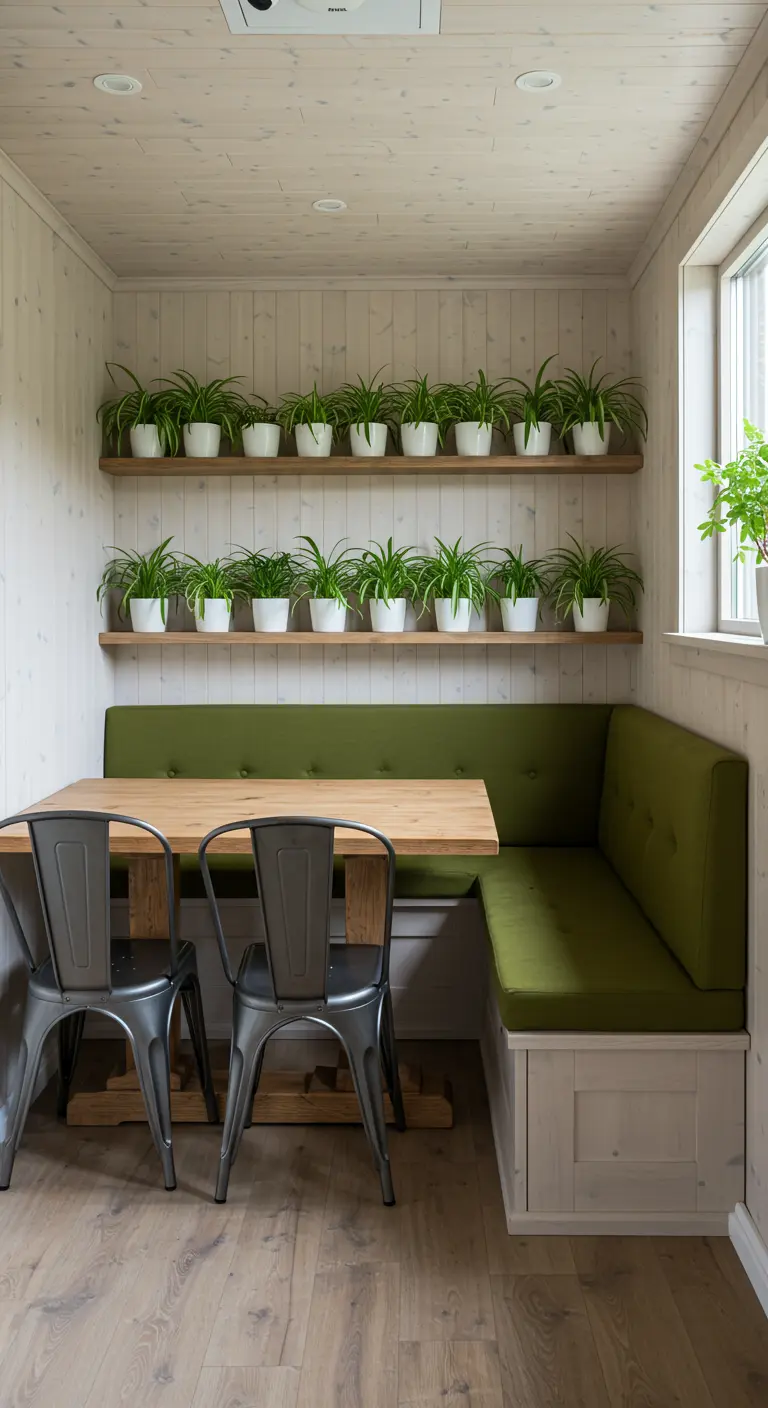 A dining nook with an olive green banquette and two shelves of identical potted plants above it.