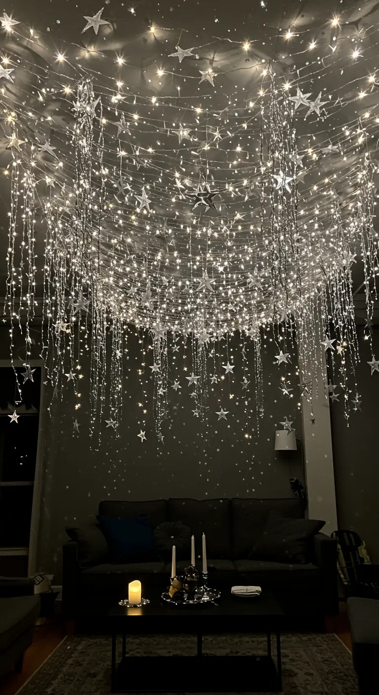 A ceiling completely covered in a dense canopy of fairy lights and hanging stars.