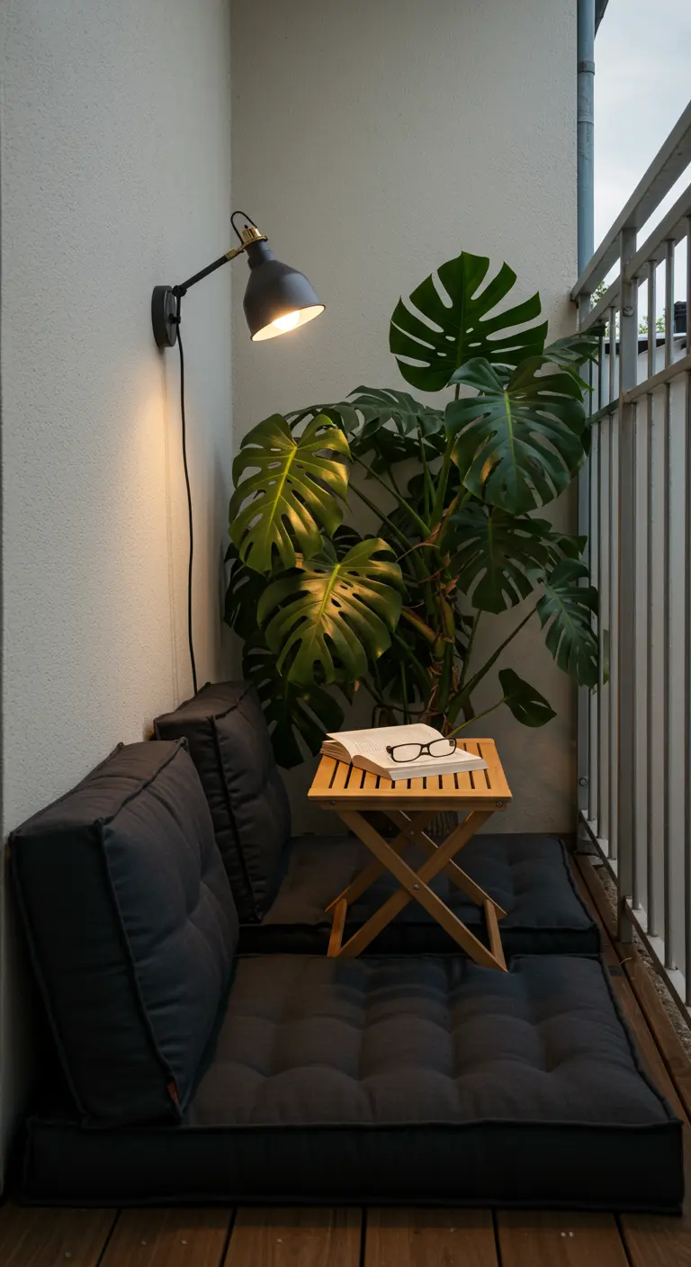 A cozy balcony reading nook with dark gray cushions, a monstera plant, and a black wall sconce.