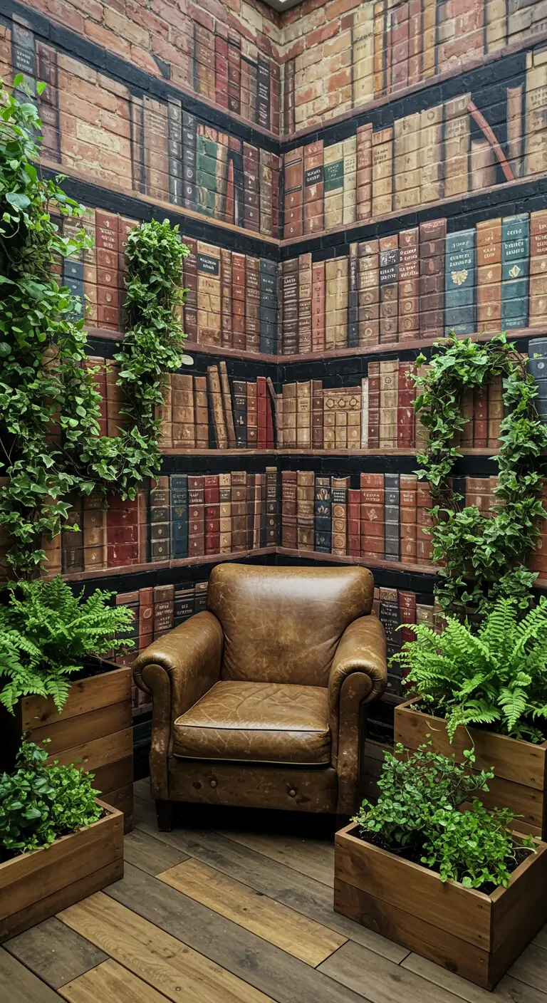 A covered patio designed to look like a library, with bookshelf wallpaper and a leather armchair.