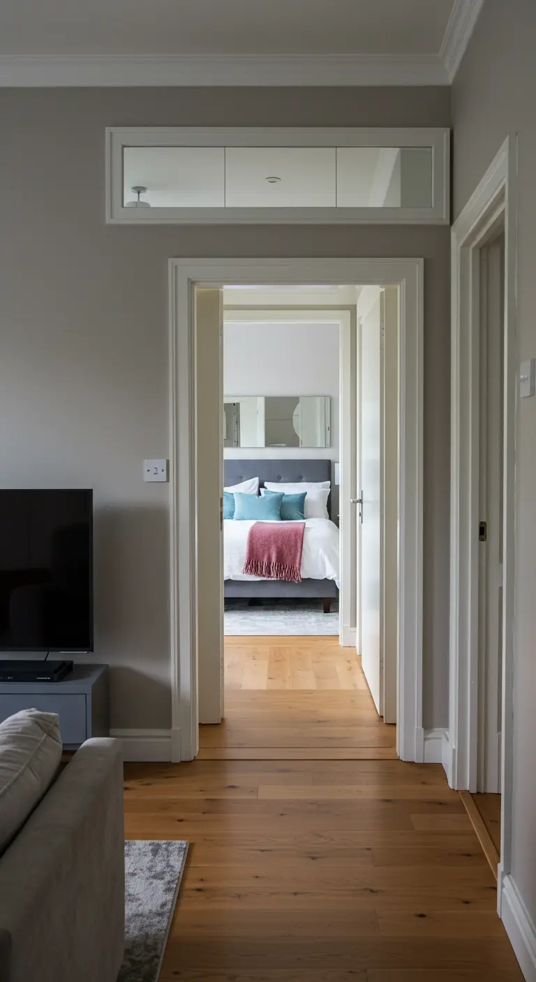 A horizontal, transom-style mirror installed over a doorway, looking into a bedroom.