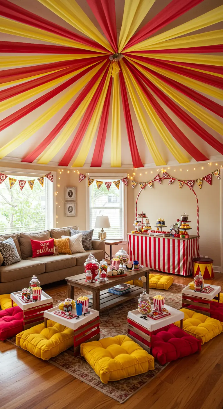 Living room with red and yellow fabric draped from the ceiling to look like a circus tent.