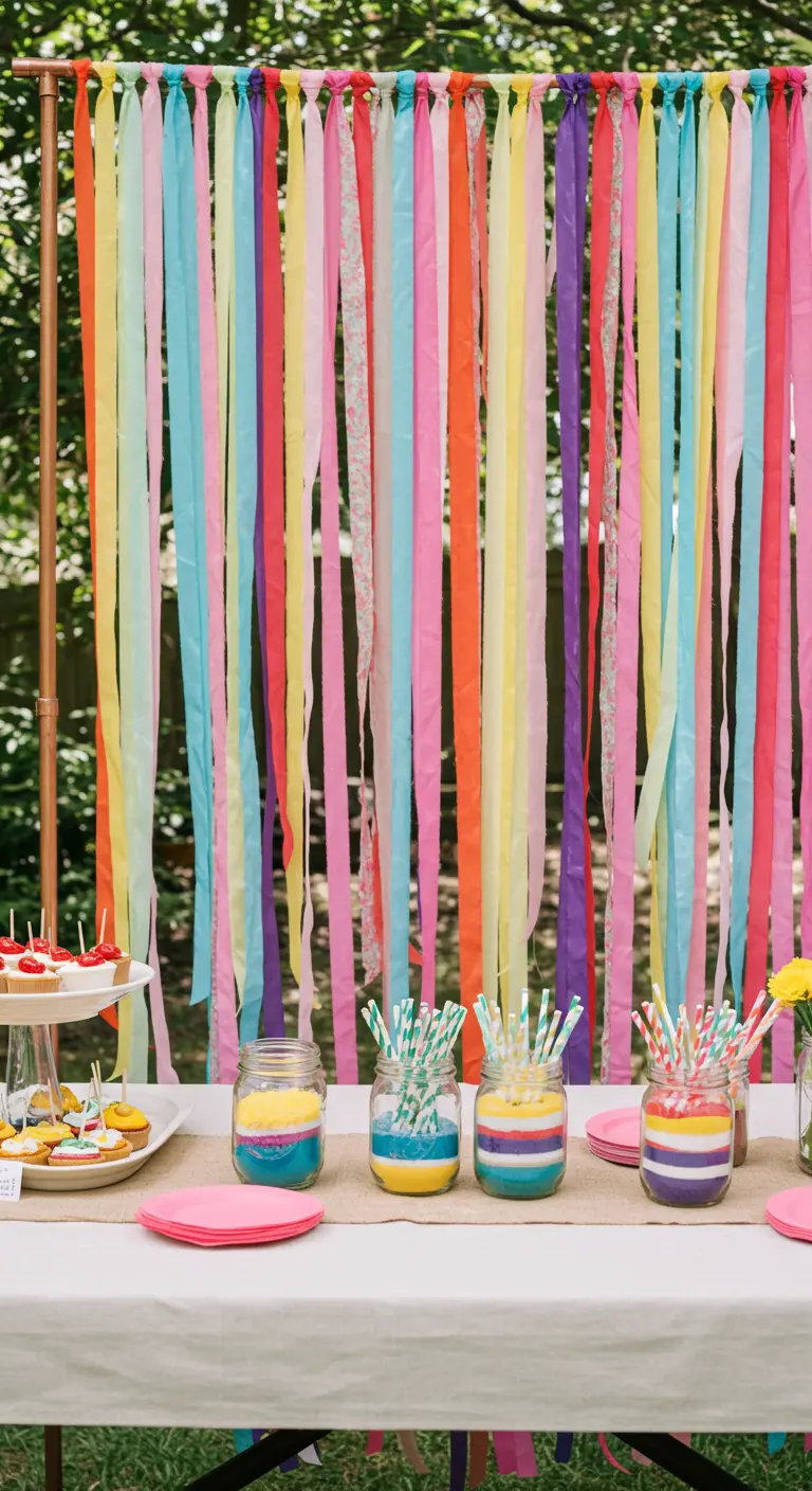 A colorful backdrop made of long vertical ribbons in various colors and patterns.